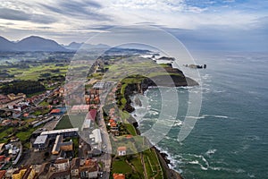 Panoramic aerial view of beautiful coastal city of Llanes, Spain in Asturias