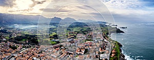 Panoramic aerial view of beautiful coastal city of Llanes, Spain in Asturias