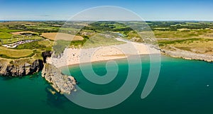 Panoramic aerial view of a beautiful sandy beach and rocky coastline Broad Haven South, Wales