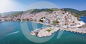 Panoramic aerial view of the beautiful town and harbour of Skopelos island