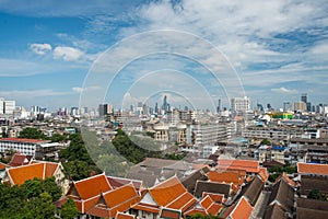 Panoramic aerial view big city town and blue sky