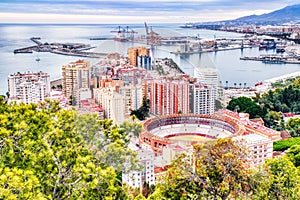 Panoramic Aerial View of Bull Ring in Malaga at Sunset