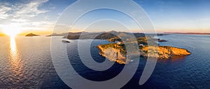Panoramic aerial view of Cape Sounion with the iconic Temple of Poseidon, Greece