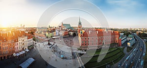 Panoramic aerial view of Castle Square Warsaw Royal Castle at sunset - Warsaw, Poland