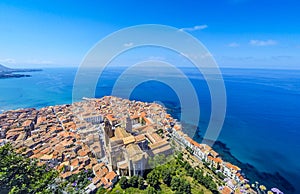 Panoramic aerial view of Cefalu old town, Sicily, Italy