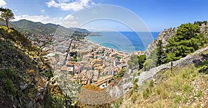 Panoramic aerial view of Cefalu old town, Sicily, Italy