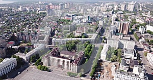 Panoramic aerial view of center of Russian city of Voronezh and Lenin Square in summer day