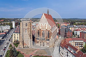 Panoramic, aerial view on the city Nysa, Poland. Buildings of the old town, including Basilica of St. James and St. Agnieszka