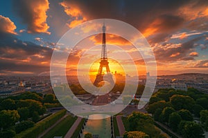 panoramic aerial view of a city similar to Paris and the Eiffel Tower, evening sunset sky, AI