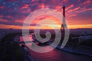 panoramic aerial view of a city similar to Paris and the Eiffel Tower, evening sunset sky, AI