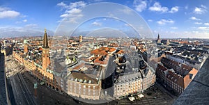 Panoramic aerial view of Copenhagen from the top of tower of Copenhagen City Hall. Copenhagen, Denmark.