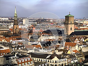 Panoramic aerial view of Copenhagen from the top of tower of Copenhagen City Hall. Copenhagen, Denmark.