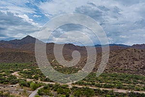 Panoramic aerial view with desert cactus mountain landscape in Arizona of America