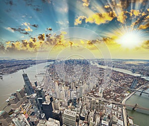 Panoramic aerial view of Downtown Manhattan at sunset, New York City from a high vantage point