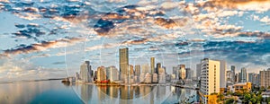 Panoramic aerial view of Downtown Miami and Brickell Key at sunrise