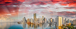 Panoramic aerial view of Downtown Miami and Brickell Key at sunrise