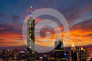 Panoramic aerial view of Downtown Taipei City at dusk, with Taipei 101 Tower in Xinyi Commercial District, Twilight capital city