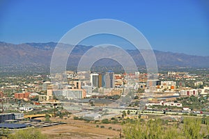 Panoramic aerial view of downtown Tucson Arizona against sunny blue sky