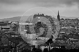 Panoramic aerial view of Edinburgh, Scotland in moody weather. Black and white