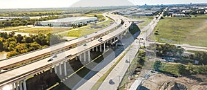 Panoramic aerial view elevated expressway through water zone and construction site