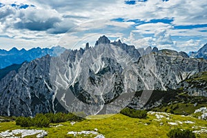 A panoramic aerial view of epic Cadini di Misurina mountain group, Italian Alps, Dolomites, Italy, Europe