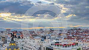 Panoramic aerial view of Gran Via timelapse before sunset, Skyline Old Town Cityscape, Metropolis Building, capital of