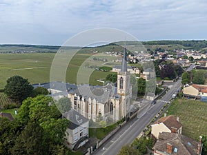 Panoramic aerial view on green grand cru champagne vineyards near villages Avize and Oger, Cotes des Blancs, Champange, France