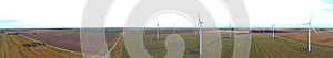 Panoramic Aerial view of a group of wind turbines fields in rural Australia.