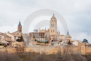 Panoramic aerial view of the historic city center of Segovia sky