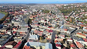 Panoramic aerial view of historic city Uzhhorod in a beautiful summer day