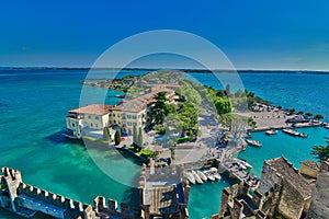 Panoramic aerial view on historical town Sirmione on peninsula in Garda lake, Lombardy, Italy