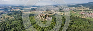 Panoramic aerial view of Hohenzollern hill with castle at summer noon near Stuttgart in Germany
