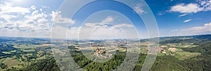 Panoramic aerial view of Hohenzollern hill with castle at summer noon near Stuttgart in Germany