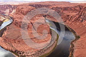 Panoramic aerial view of Horseshoe bend on the Colorado river near Page in summer, Arizona, USA United States of America.