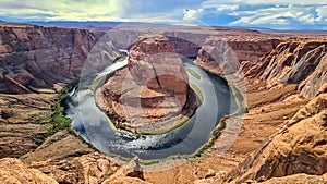 Panoramic aerial view of Horseshoe bend on the Colorado river near Page in summer, Arizona, USA United States of America.