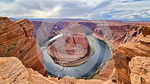 Panoramic aerial view of Horseshoe bend on the Colorado river near Page in summer, Arizona, USA United States of America.