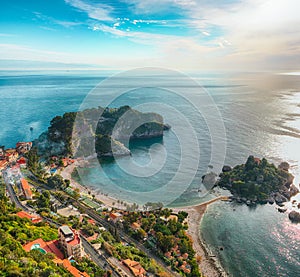 Panoramic aerial view of Isola Bella island and beach in Taormina