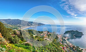 Panoramic aerial view of Isola Bella island and beach in Taormina