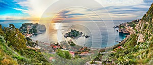 Panoramic aerial view of Isola Bella island and beach in Taormina