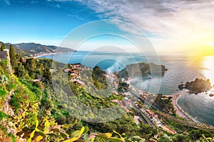 Panoramic aerial view of Isola Bella island and beach in Taormina