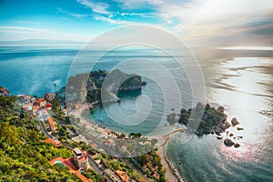 Panoramic aerial view of Isola Bella island and beach in Taormina