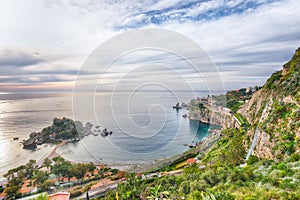 Panoramic aerial view of Isola Bella island and beach in Taormina