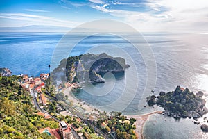 Panoramic aerial view of Isola Bella island and beach in Taormina