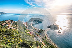 Panoramic aerial view of Isola Bella island and beach in Taormina