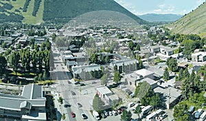 Panoramic aerial view of Jackson Hole homes and beautiful mountains on a summer morning, Wyoming