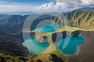 Panoramic Aerial view of Kelimutu volcano and its crater lakes, Indonesia.