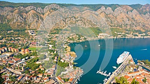 Panoramic aerial view of Kotor and Boka Kotorska bay, Montenegro