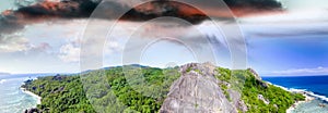 Panoramic aerial view of La Digue Island at sunset, Seychelles