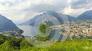 Panoramic aerial view of Lake Como and Lecco city, Italy