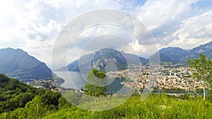 Panoramic aerial view of Lake Como and Lecco city, Italy